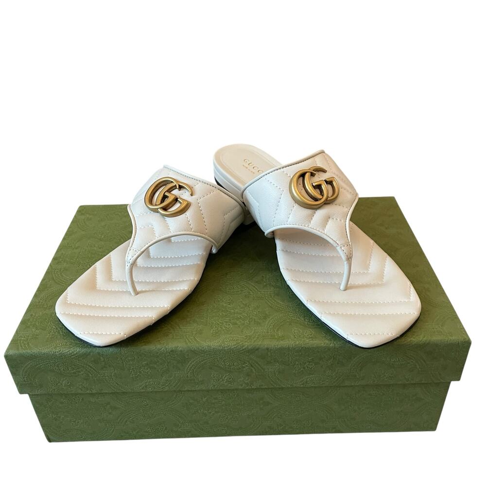 Gucci GG Marmont Matelasse Leather Flip Flop Sandals Cream White Sz 37.5 US 7.5 - Picture 10 of 16
